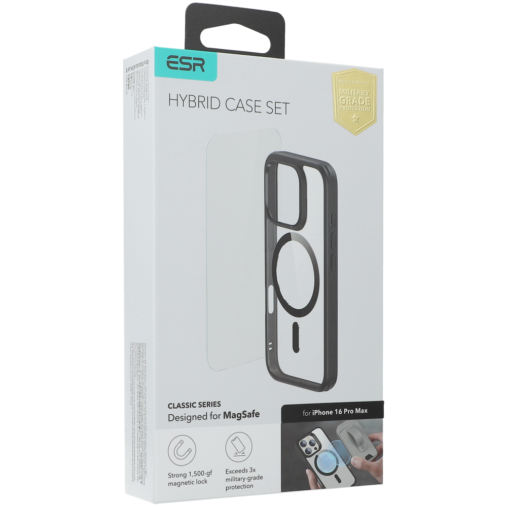 Zestaw Etui + Szkło hartowane, ESR Classic Hybrid Halolock do iPhone 16 Pro do MagSafe, przezroczysto-czarne